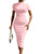 Women's Elegant Bodycon High Neck Short Sleeve Ruched Midi Cocktail Dress Pink