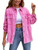 Women's Button Down Jean Jacket Solid Color Ripped Fringe Long Sleeve Denim Jackets Shacket Jacket(0368-04Pink-XL)