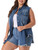Women's Plus Size Button Up Frayed Hem Shacket Sleeveless Denim Jean Jacket Vest 2X Blue