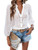 Women's Long Sleeve Collar Floral Eyelet Embroidery Button Front Semi Sheer Blouse Shirt Plain White Medium