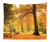 Lunarable Forest Tapestry King Size, Autumn Fall Forest Scene with Vibrant Colors and Pale Leaves Tranquil Peace Nature, Wall Hanging Bedspread Bed Cover Wall Decor, 104" X 88", Orange Brown