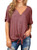IWOLLENCE Womens Waffle Knit Tunic Blouse Tie Knot Short Sleeve Henley Tops Loose Fitting Bat Wing Shirts Rust Red Small