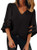 BLENCOT Womens Casual 3 4 Sleeve Bell Sleeve Lace Patchwork Black Chiffon Blouse Shirt Casual Loose Tops Large