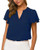 Womens Casual Ruffled V Neck Chiffon Blouse Short Sleeve Office Work Elegant Summer Shirt Vintage Loose Fit TopsNavyS