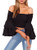 Arjungo Womens Off The Shoulder Tops Long Flared Sleeve Elastic Crop Tops Blouse Shirt Black