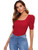 Romwe Womens Elegant Puff Short Sleeve Square Neck Solid Slim Fit Blouse Tops Tee Red Small