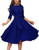 Womens Elegance Audrey Hepburn Style Ruched Dresses Round Neck 34 Short Sleeve Pleated Swing Midi Aline Dress with PocketsBlue Large