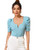 Romwe Womens Puff Sleeve Rib Knit Square Neck Elegant Slim Fit Blouse Tops Blue Medium
