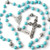 HanlinCC Turquoise Beads Catholic Rosary Necklace with AntiSilver Plated Fatima Center Piece and Crucifix with Blue Color Leather Gift Box