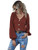 MakeMeChic Womens Solid V Neck Button Up Bishop Sleeve Crop Top Cardigan Brown M