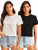 MakeMeChic Womens 2pcs Solid Round Neck Short Sleeve Tee Crop Top Black and White S