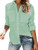 Womens Button Down V Neck Shirts Long Sleeve Blouse Roll Up Cuffed Sleeve Casual Work Plain Tops with Pockets Large Green