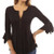 LINGMIN Women V Neck Loose Pleated Henley Casual Tunic Tops 3 4 Bell Sleeve Blouses Black