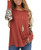 Womens Casual Leopard Color Block Tunic Shirt Fall Crew Neck Long Sleeves Camo Print Waffle Pullover Top Orange Red