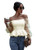 Romwe Women s Off Shoulder Frill Smocked Mesh Long Sleeve Ruffle Peplum Crop Top Blouse Beige X Small