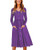 OUGES Women s Long Sleeve V Neck Button Down Midi Skater Dress with Pockets Purple M
