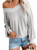 Women s Casual V Neck Long Sleeve Waffle Knit Off Shoulder Top Oversized Pullover Sweater Light Grey Small