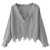 ZAFUL Women s Loose Long Sleeve V-Neck Ripped Pullover Knit Sweater Crop Top Grey