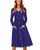 OUGES Womens Long Sleeve V Neck Button Down Midi Skater Dress with Pockets-Blue L-