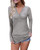 OUGES Womens Long Sleeve V-Neck Button Causal Tops Blouse T Shirt-Gray M-