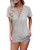 OUGES Womens Short Sleeve V Neck Button Summer Casual Henley Tops Blouse T Shirt -Light Gray M-