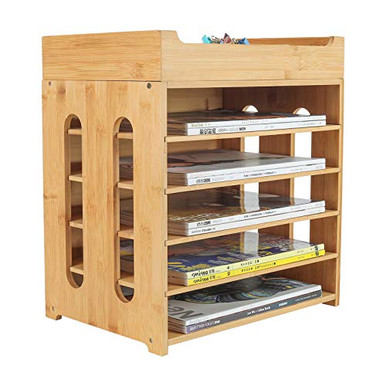 TQVAI Natural Bamboo 5 Tier File Organizer with Removable Top Tray ...