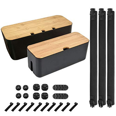 2 Pack Black Cable Management Box Set Bamboo Lid ABS Material with 23 ...