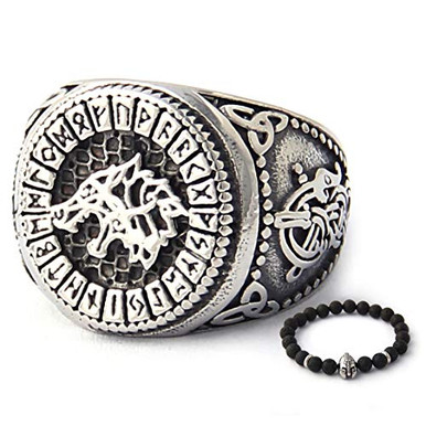 BaviPower Viking Wolf Howling Fenrir Stainless Steel Rune Ring for Men ...