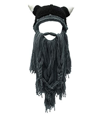 Kafeimali Men's Barbarian Beanie With Foldaway Beard & Horns - Viking Hat, Halloween Costume, Hand Knit