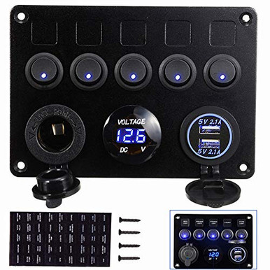 5 Gang Boat Rocker Switch Panel for Car RV Truck 12V Blue Led