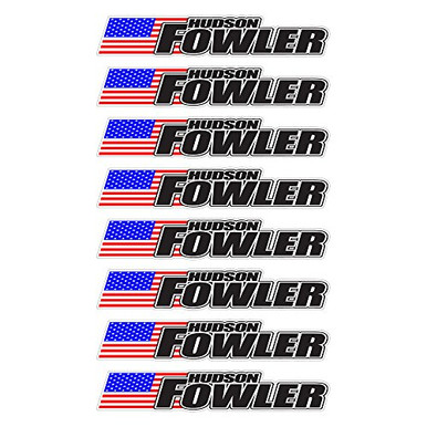 Custom Hudson Style Bicycle Rider Name Decal Set - 8 Piece USA Flag Stickers, Black Background, Road Bike & MTB Frame/Helmet Personalization
