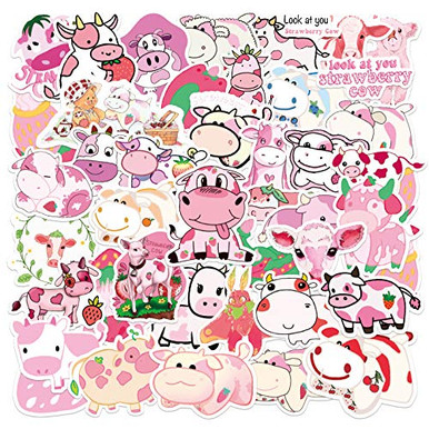 50 Pcs Vinyl Cute Cow Stickers Waterproof Strawberry Cow Sticker Pack ...