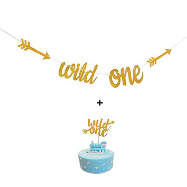 Gold Glitter Wild One Banner Sign with Wild One Cake Topper for Baby ...