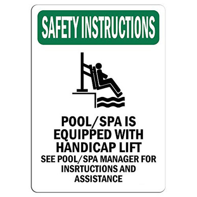 Handicap Pool Sign Safety Instructions Sign - Pool Spa is Equipped with Handicap with ...