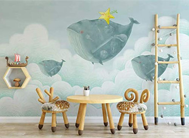 Muraviewall Cartoon Whale Among Star Clouds Kids Wallpaper Nursery ...