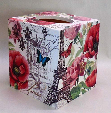Handmade Decoupage Wood Tissue Box Cover Paris Eiffel Tower Red Poppies ...
