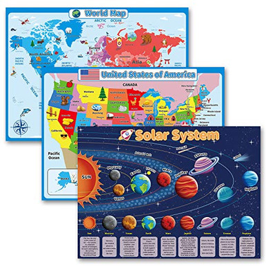 3 Pack World Map Poster United States USA Map Solar System Posters for ...