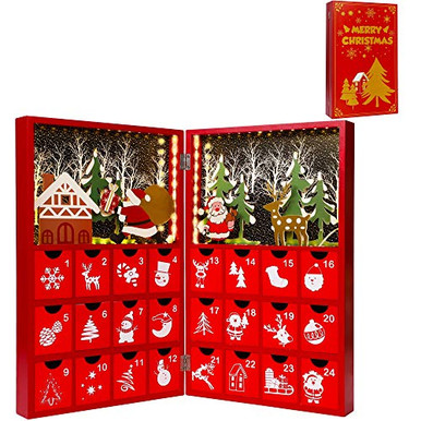 Juegoal Pre Lit Red Advent Calendar Wooden Lighted Christmas Book 