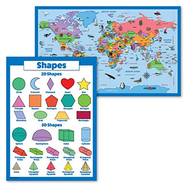 2 Pack - World Map Poster for Kids -Illustrated- Plus 3D Shapes Chart ...