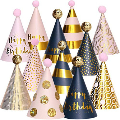 Birthday Party Hats - Fun Celebration Kit of 12 Gold Happy Birthday