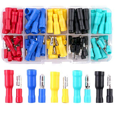 Bullet Butt Connectors, 100Pcs 22-16 AWG Diverse Geïsoleerde Vrouwelijke & Mannelijke Bullet Butt Wire Crimp Connector Terminals Assortiment Kit