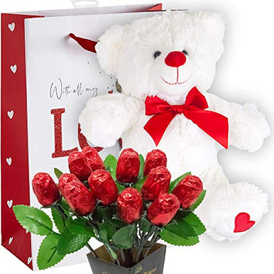 Valentines Day Gift Basket Teddy Bear Plush (COLOR MAY VARY) and Dozen ...