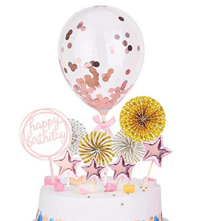 11 Pack of Happy Birthday Cake Toppers Set Rose Gold Confetti Balloon ...