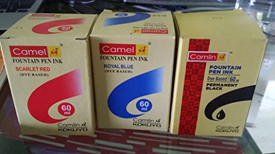3 Camel Fountain Pen Ink BLACK BLUE RED Bottles 60 ml 2 oz Camlin 3 qty ...