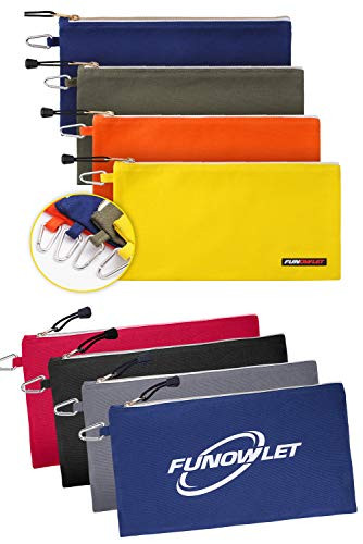 FunOwlet 4-Pack Utility Canvas Zipper Tool Bag – Heavy Duty Storage Pouch With Carabiner, Multi-Purpose Organizer For Tools, Art Supplies, Electronics, Cosmetics – Olive, Orange, Blue, Yellow (12.5" X 7")