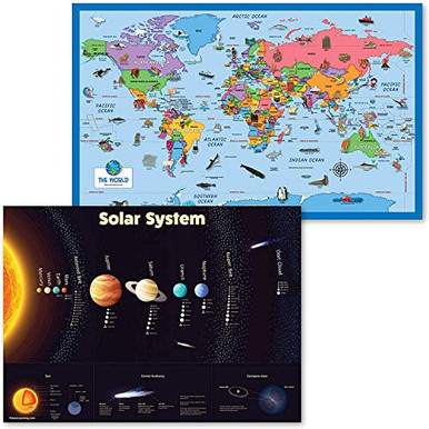 2 Pack - World Map Poster for Kids -Illustrated- Plus Solar System ...