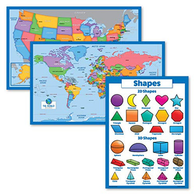 3 Pack - World Map and USA Map for Kids Plus 3D Shapes Chart for Kids ...
