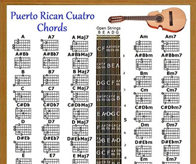 PUERTO RICAN CUATRO CHORDS POSTER and NOTE LOCATOR and 5 POSITION LOGO