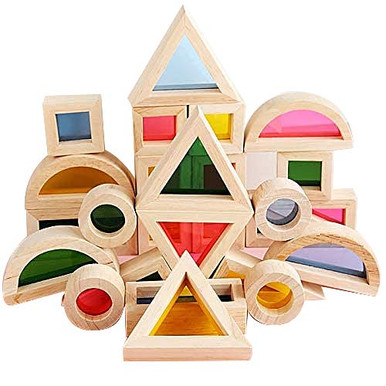 Wooden Building Blocks Set for Kids Geometry Sensory Rainbow Stacking ...