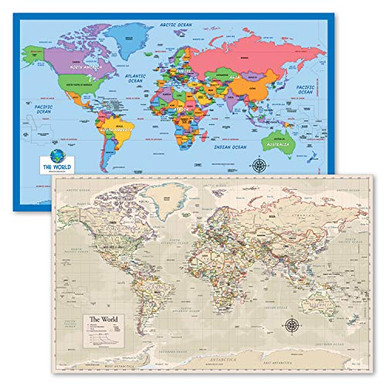 2 Pack - World Map for Kids plus Antique Style World Map -Laminated 18 ...